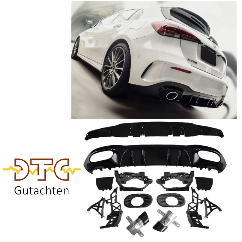 Mercedes A-Klasse W177 Kompaktlimousine Diffusor+ Auspuffblenden 2x1 (Schwarz) AMG Optik